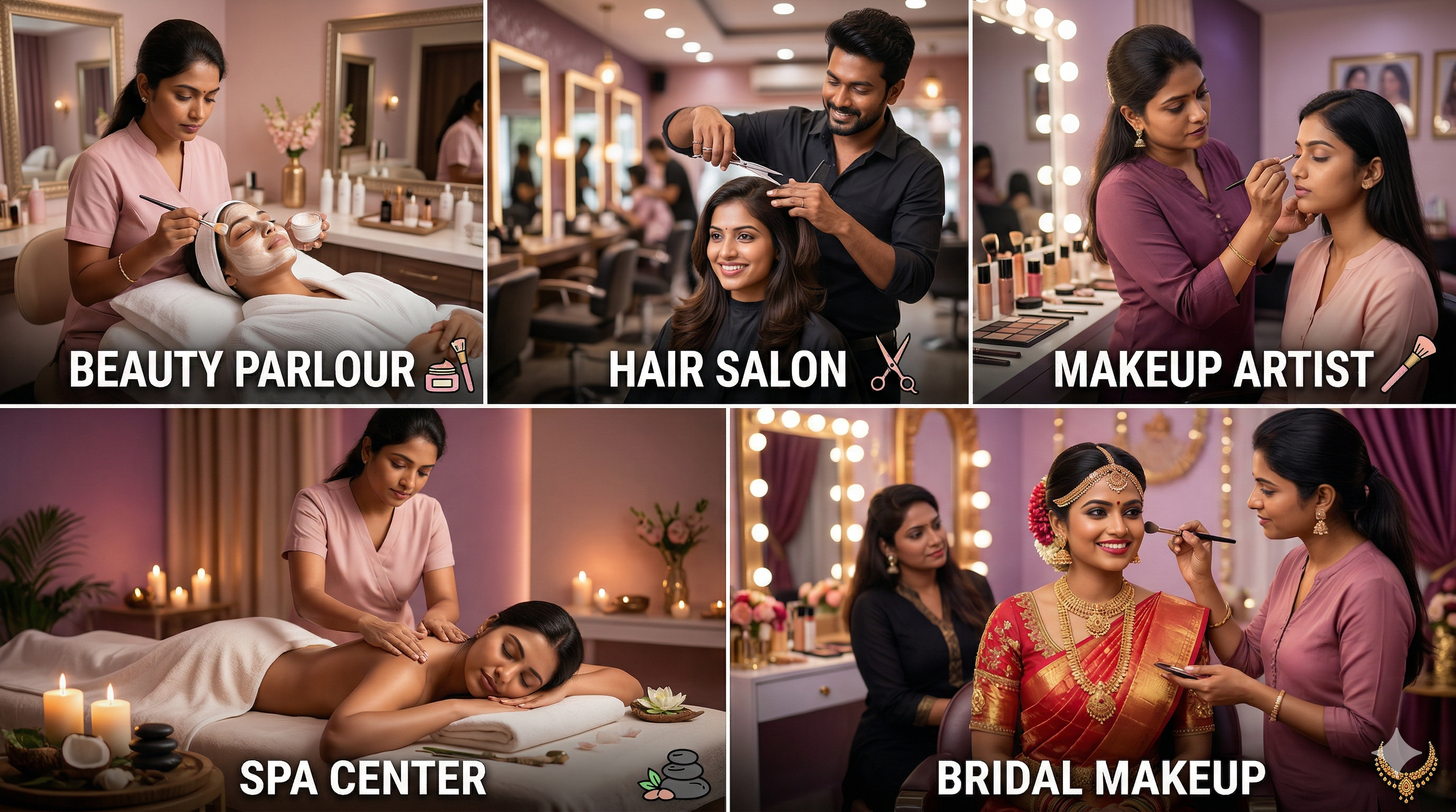 Beauty parlours, salons, makeup artists, spa centers