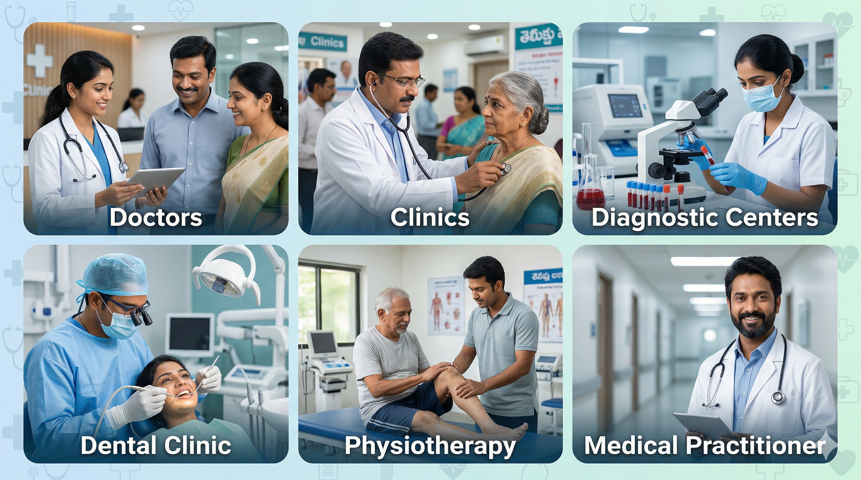 Doctors, clinics, hospitals, diagnostic centers
