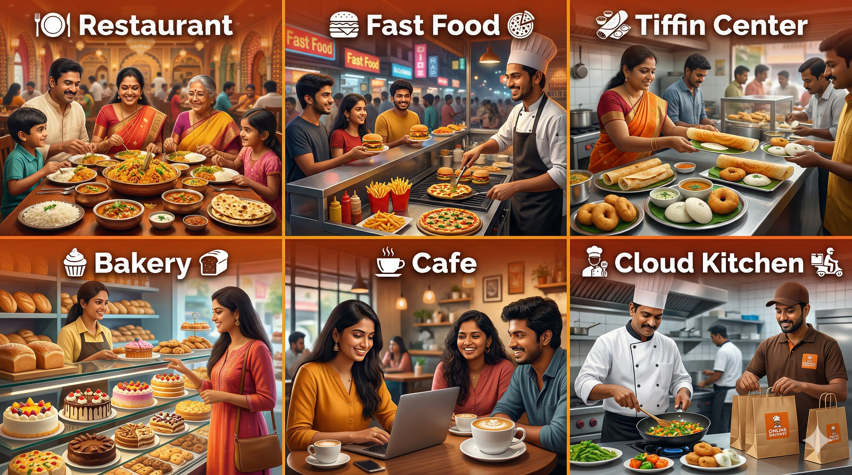 Restaurants, tiffin centers, cafes, bakeries, food businesses