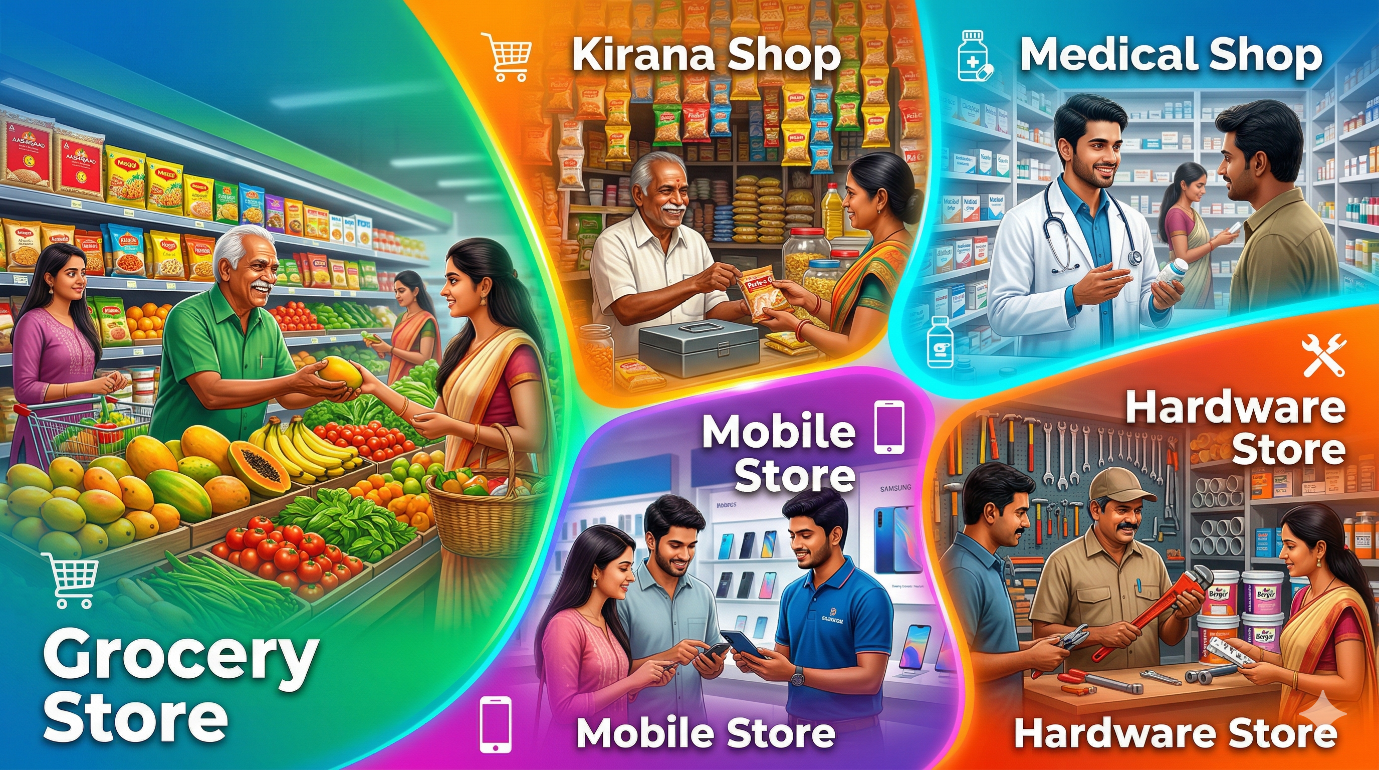 Retail shops like grocery, kirana, mobile, hardware stores