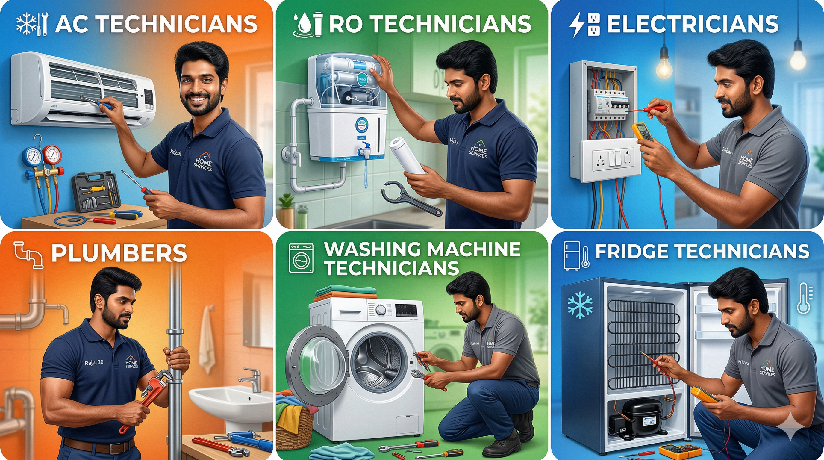 Technicians like AC, Fridge, RO, Electricians, Plumbers